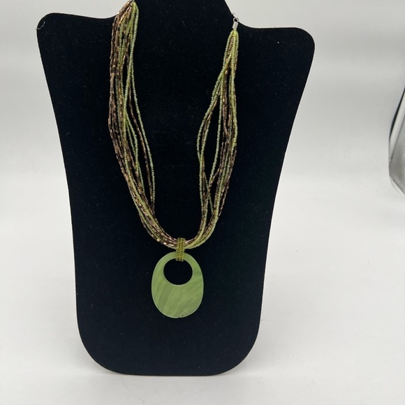 Olive Avocado Green Shell Pendant Multi-Strand Seed Bead Necklace - Boho Mermaid - Picture 2 of 4